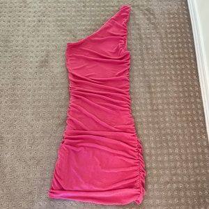 One Shoulder Pink Ruched Mini Dress